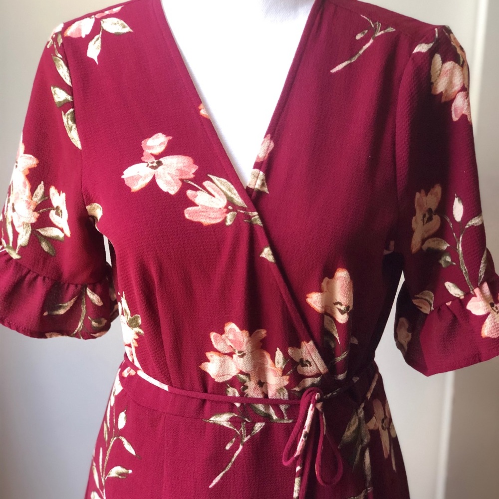 Maroon Floral Print Maxi Wrap Dress